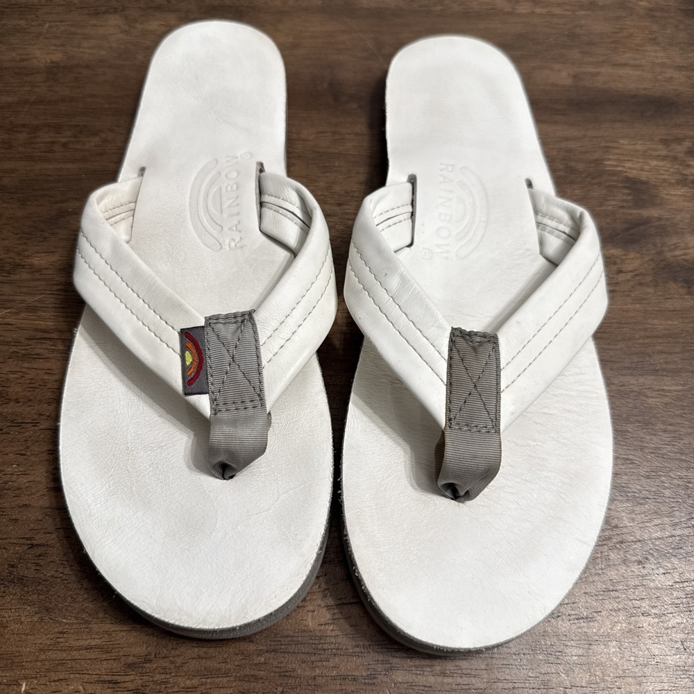 Rainbow Sandals Leather Flip Flops White Mens Size 8.5 - 9.5 Medium Double Layer